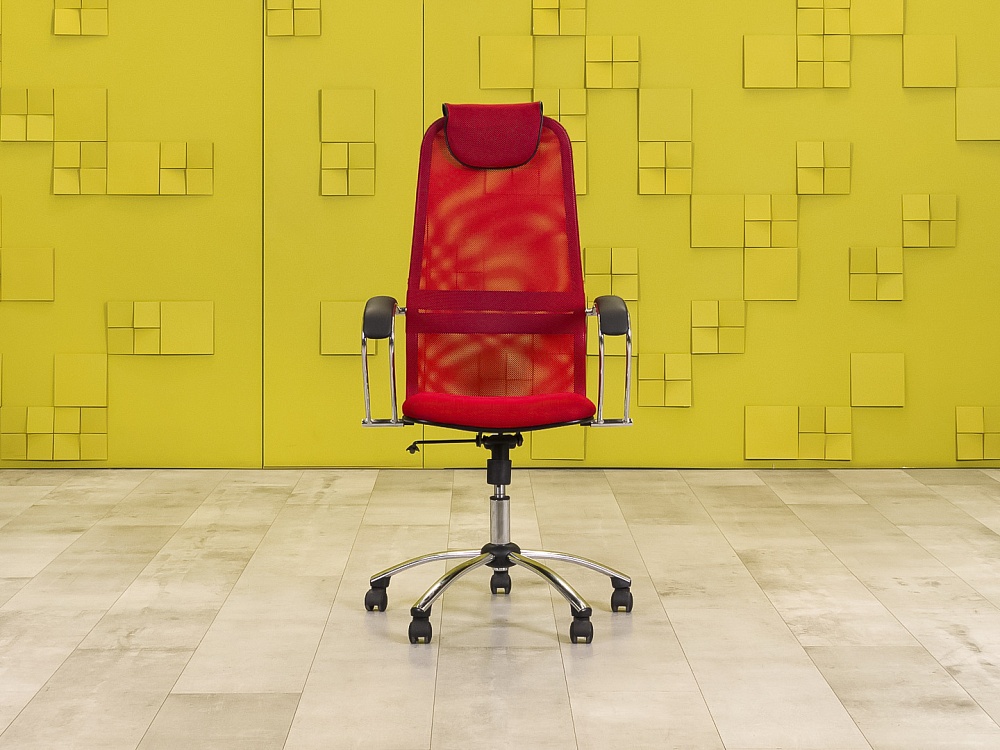 Офисное кресло руководителя на колесах Сетка Красный  КРТК-07115